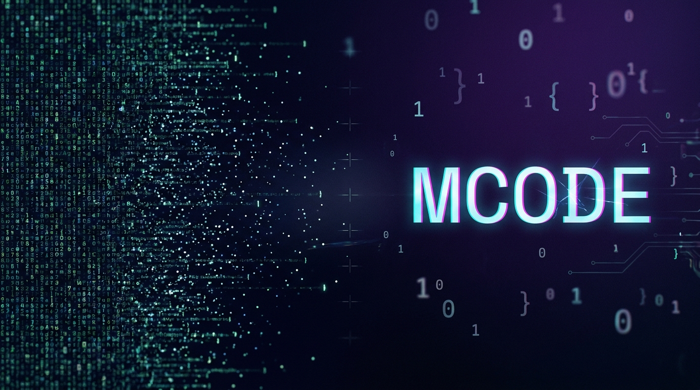 Matrix-style noise dissolving on the left into a crisp neon MCODE wordmark on the right.